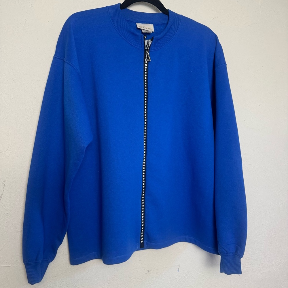 California Style Cobalt Blue‎ Bedazzled Gem Zipper Front Sweater